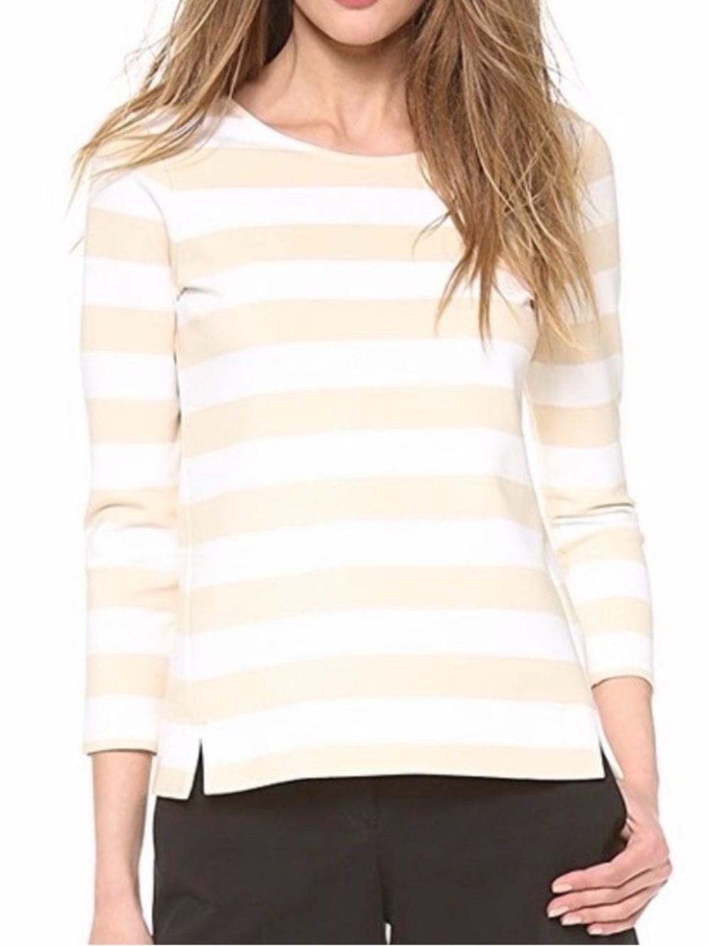 Theory Cream and White Striped Boatneck Long Sleeve Top M